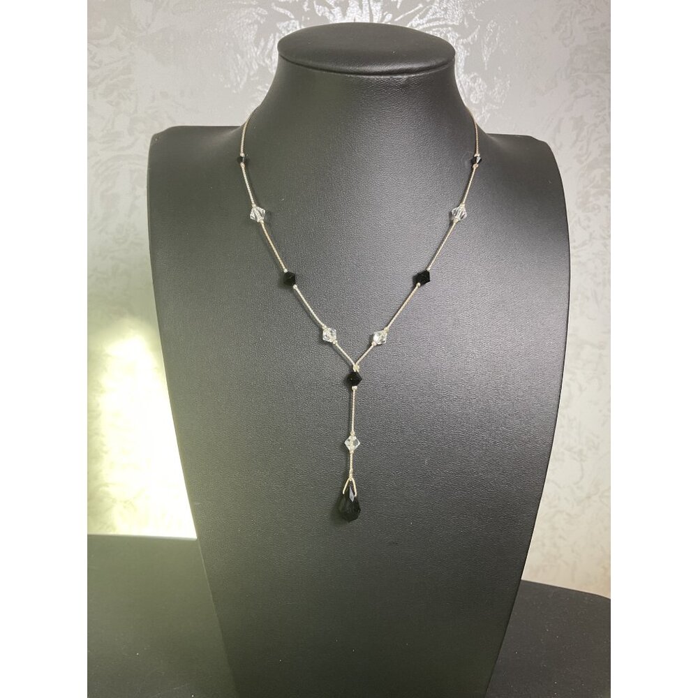 Black & Clear Beaded Necklace With Silver Chain & Adjustable Length